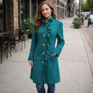 Luii Teal 100% Wool Blend Ruffle Jacket Coat Size L Anthropologie Outerwear